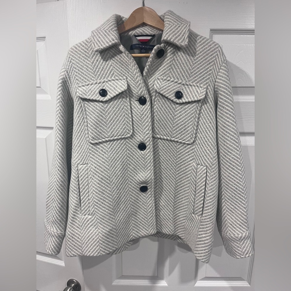 Tommy Hilfiger grey and white herringbone wool blend jacket - Size XXS